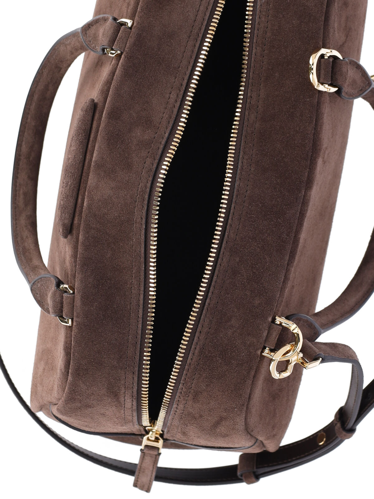 Brown Structured Suede Gold Zipper Handbag