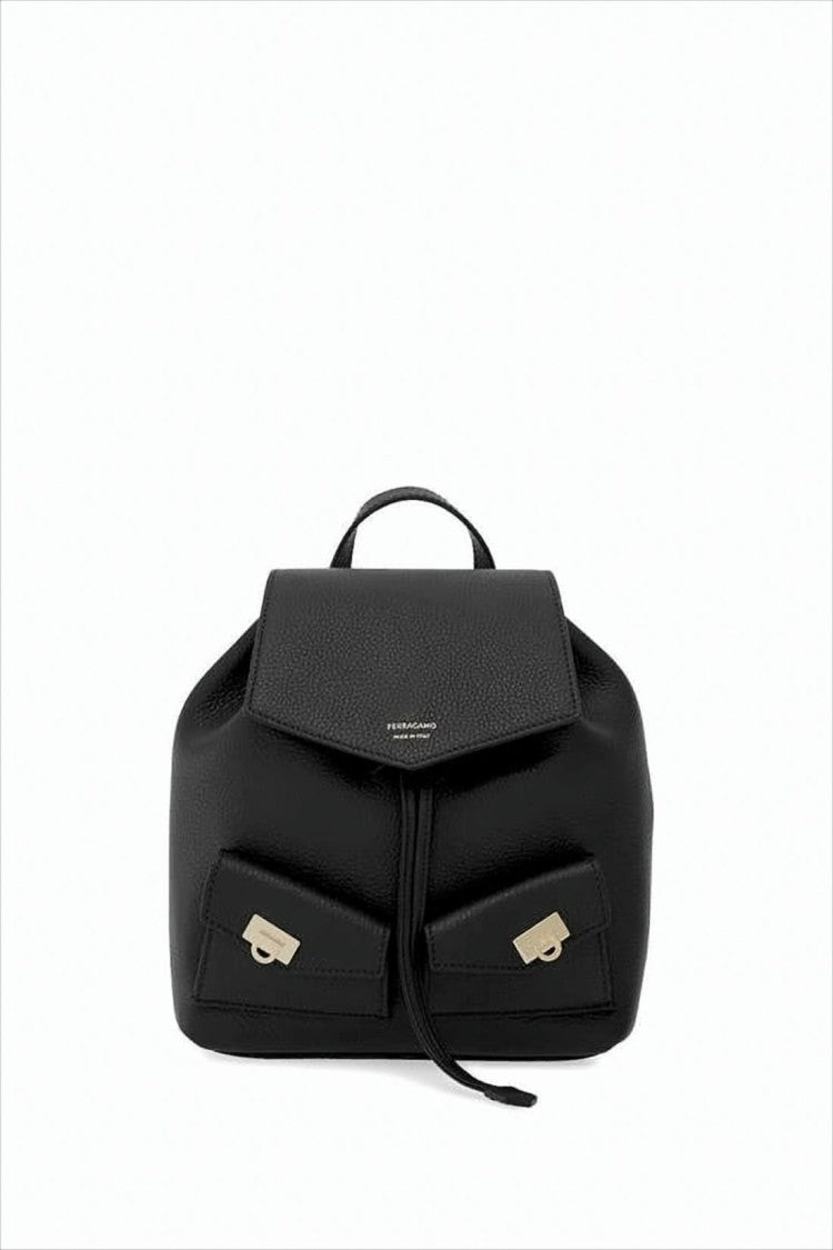 Structured Black Calf Leather Backpack with Flap Closure