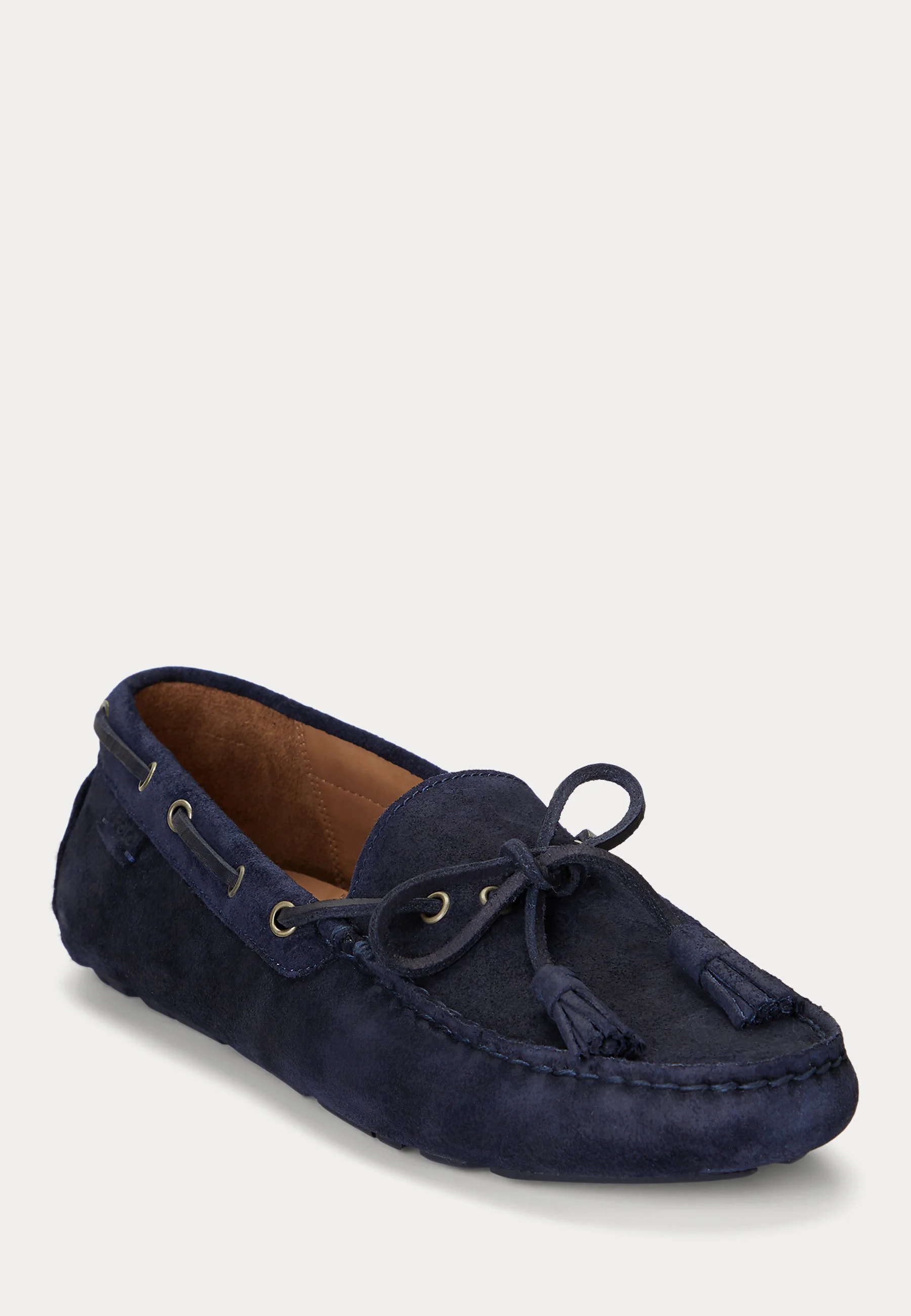 Moccasin-Style Blue Suede Loafers with Bow and Tassels