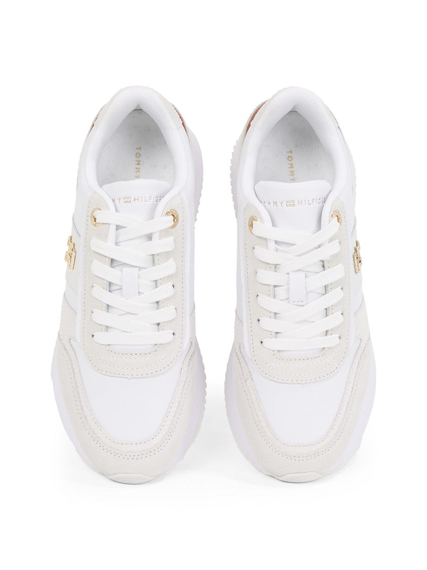 White Leather Sneakers With Suede Details And Gold Accents