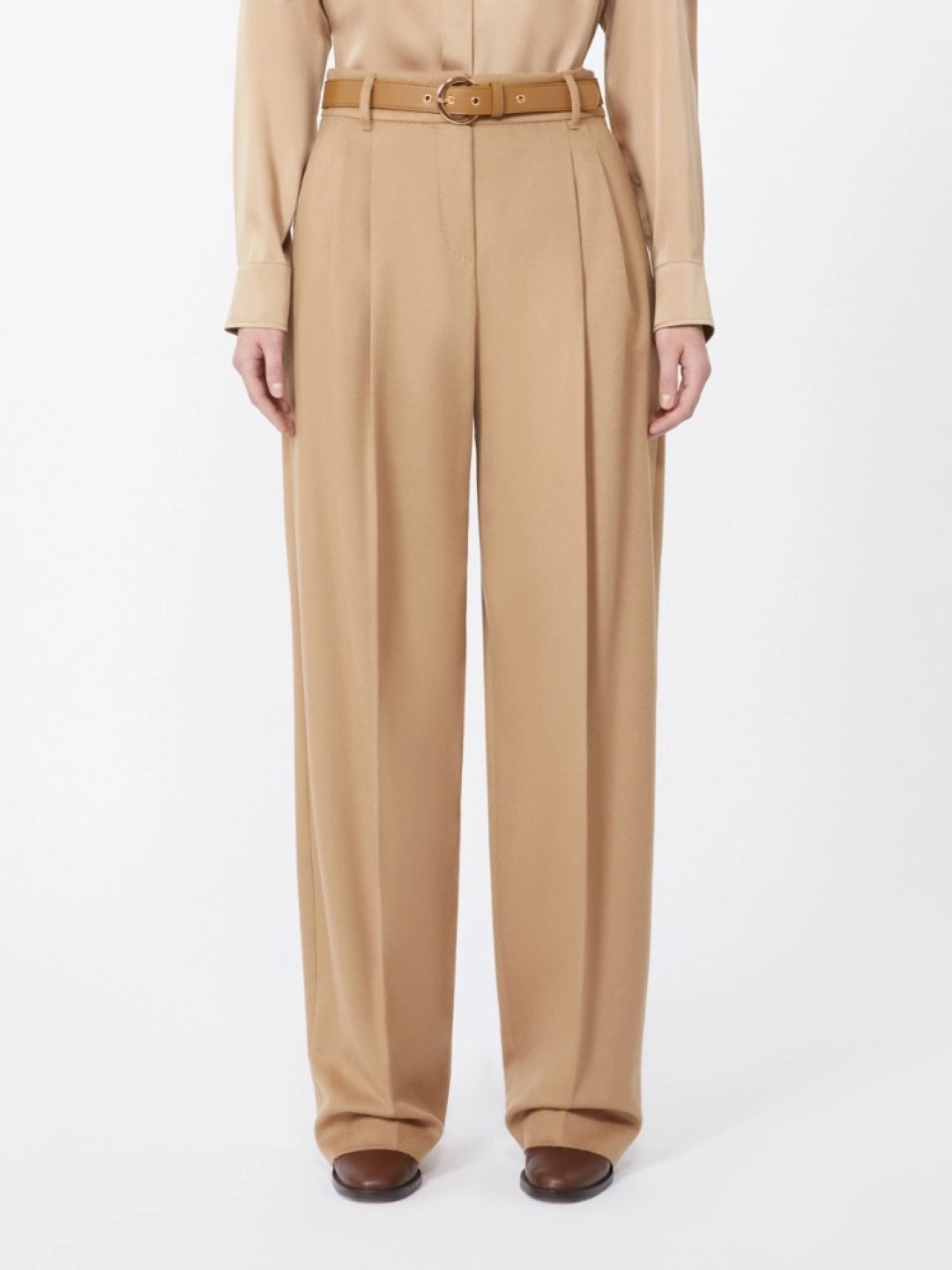 Tailored Camel Wide-Leg Trousers With Pleated Front