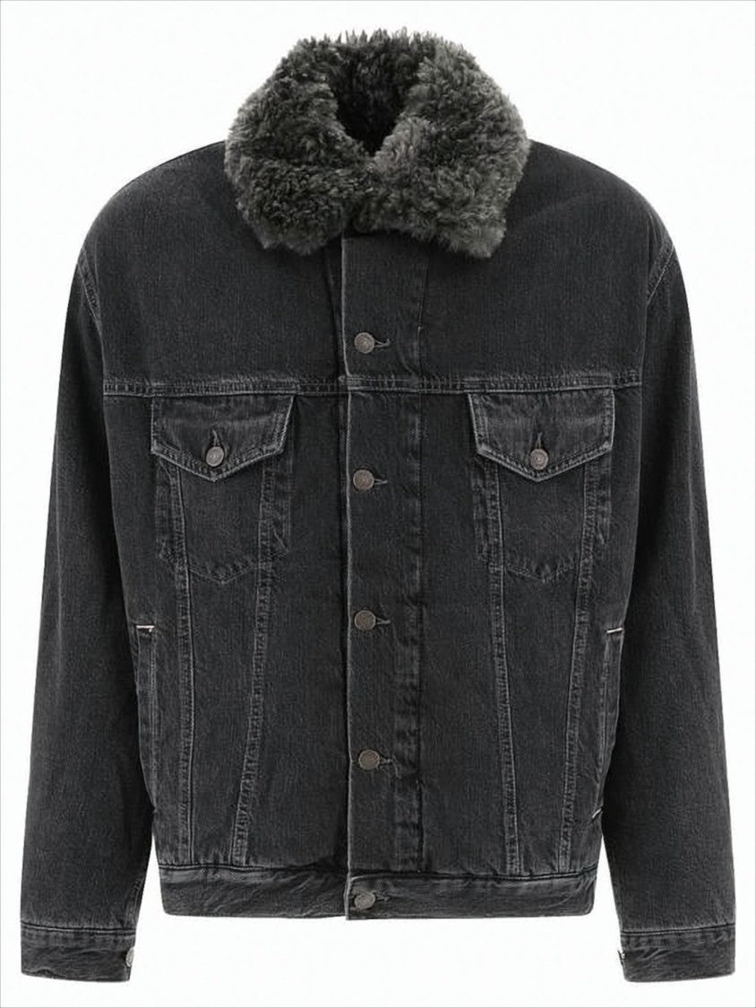 Washed Black Denim Jacket With Plush Collar And Tailored Fit