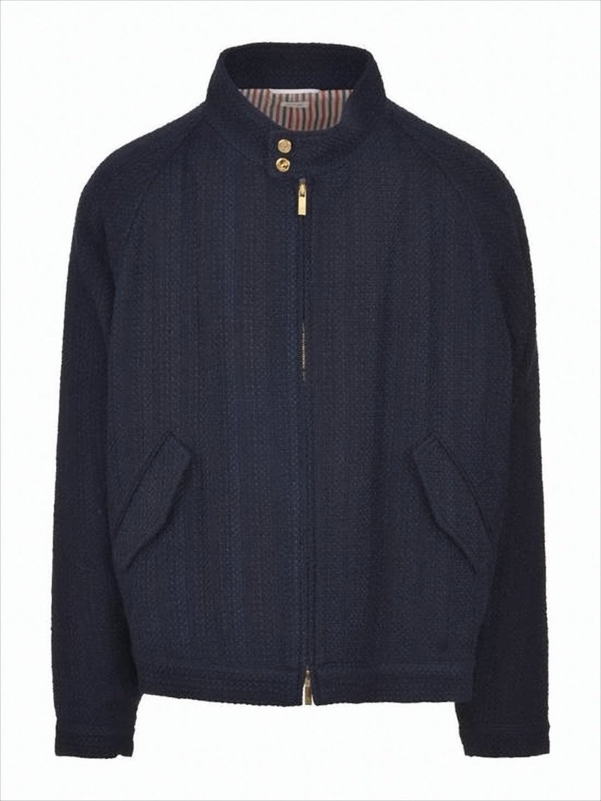 Textured Navy Casual Jacket with Gold-tone Hardware and Tri-Color Stripe