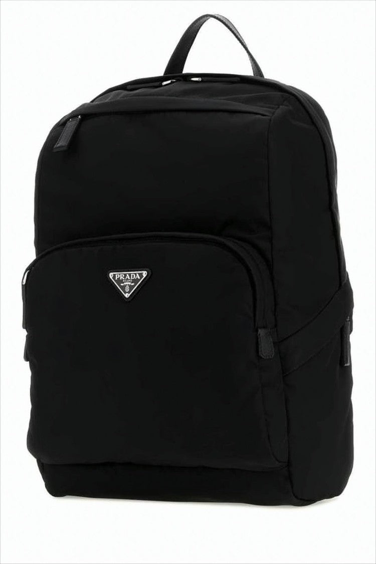 Structured Black Fabric and Leather Backpack