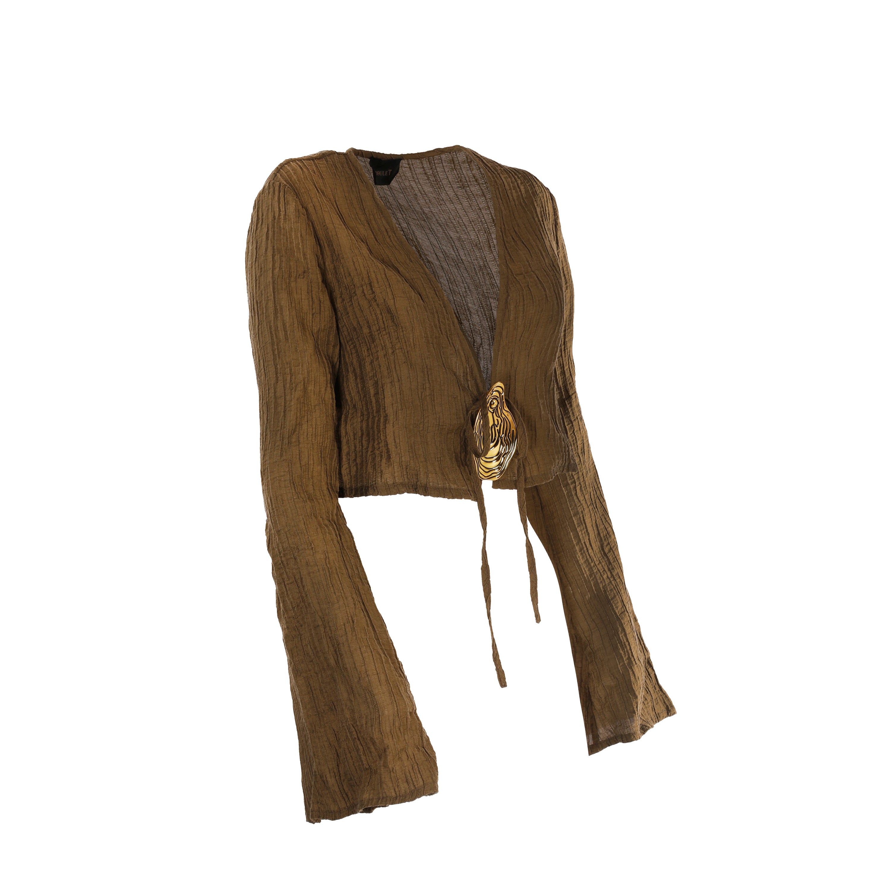 Cropped Long-Sleeved Top With Textured Fabric And Artistic Clasp