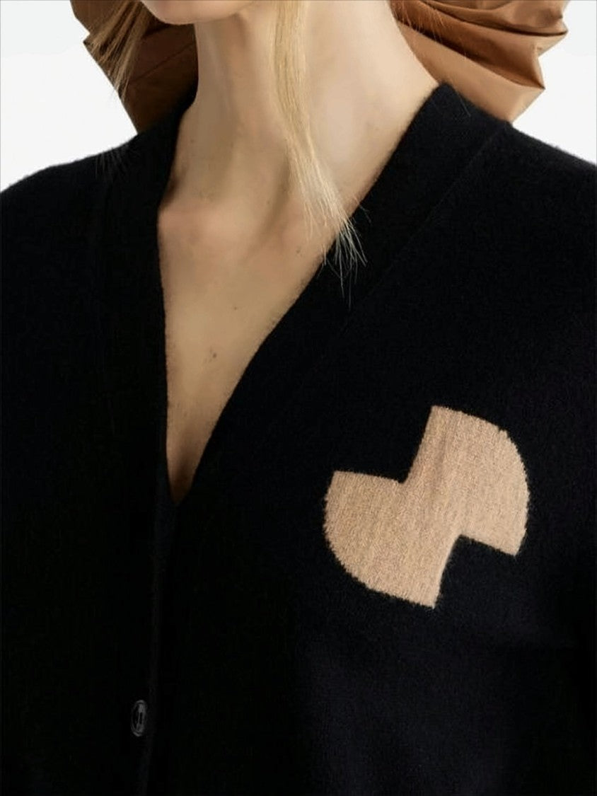 Relaxed Black V-Neck Cardigan with Contrasting Chest Patch