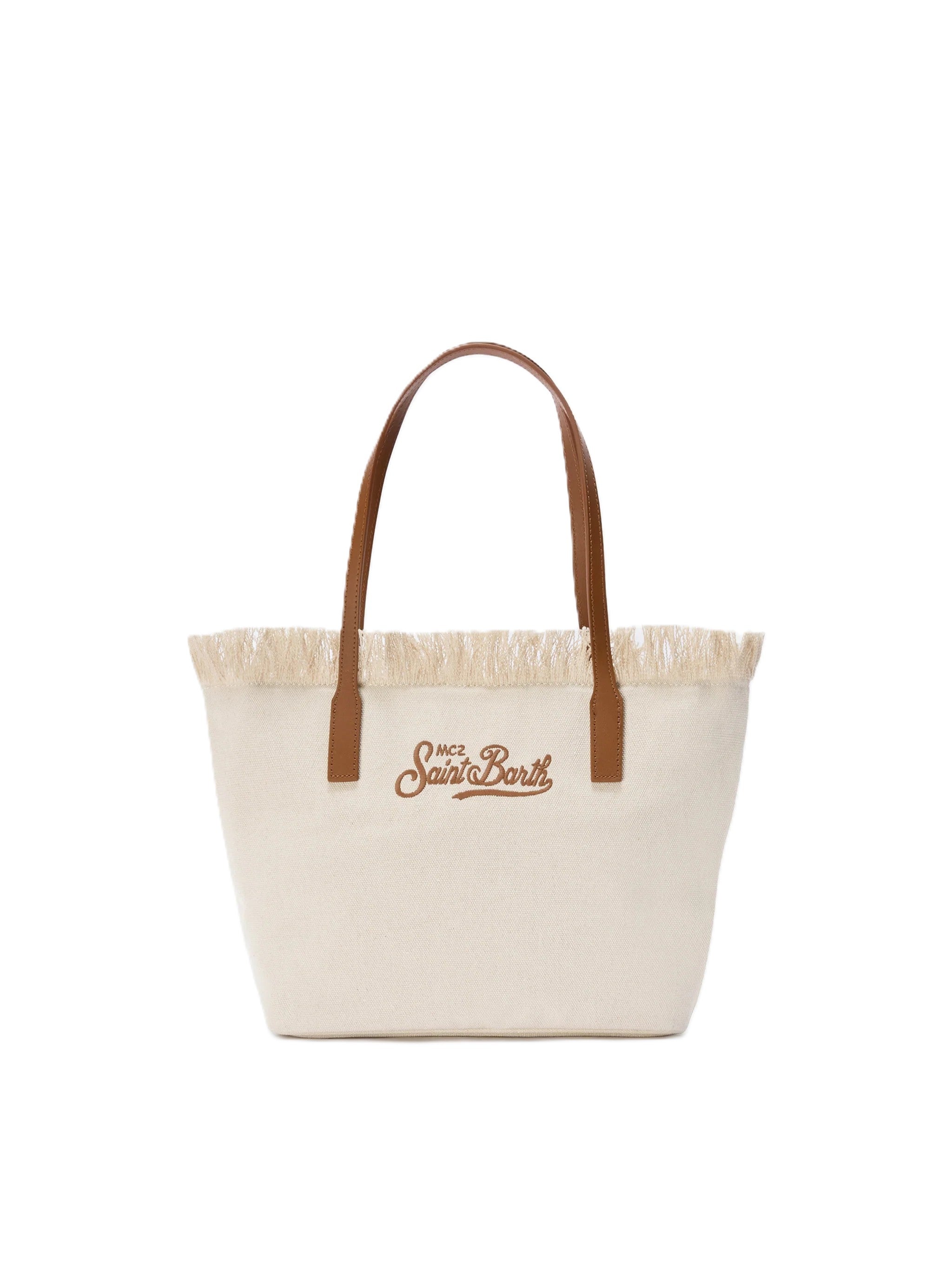 Fringed Beige Canvas Tote Bag with Leather Accents