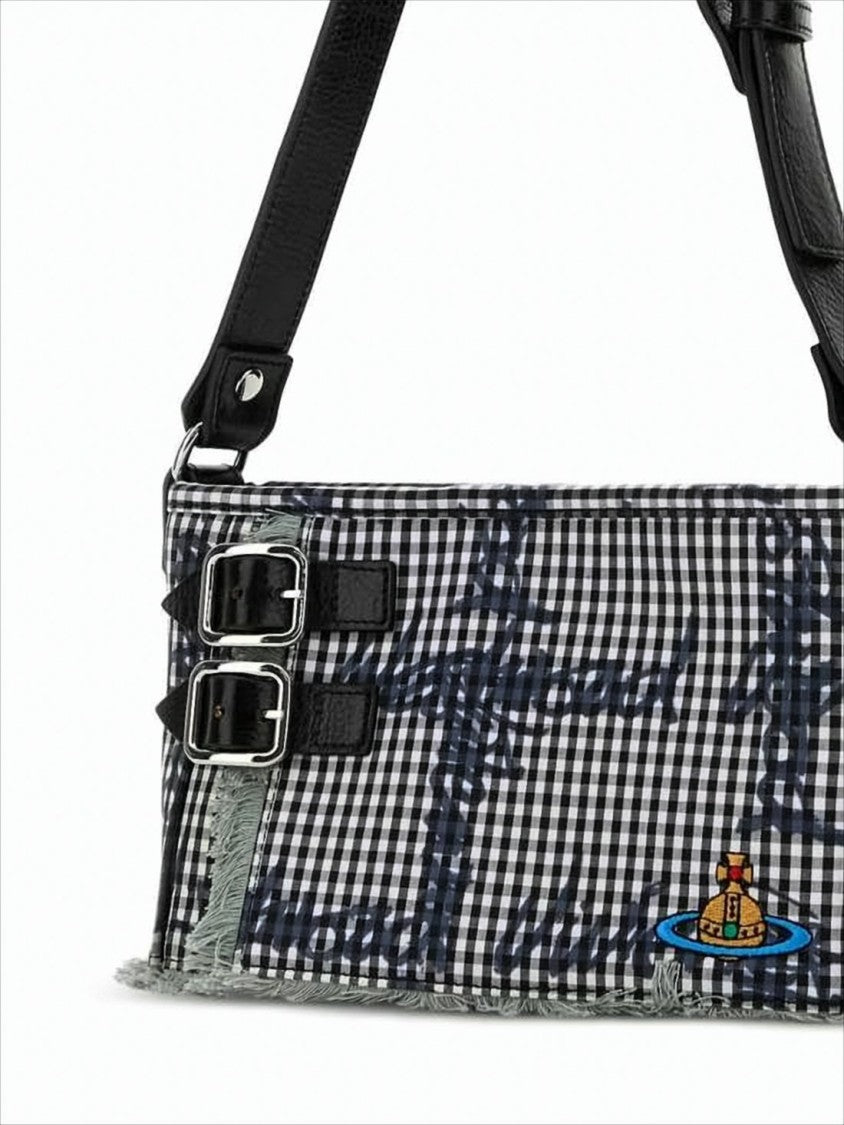Gingham Pattern Shoulder Bag with Leather Accents