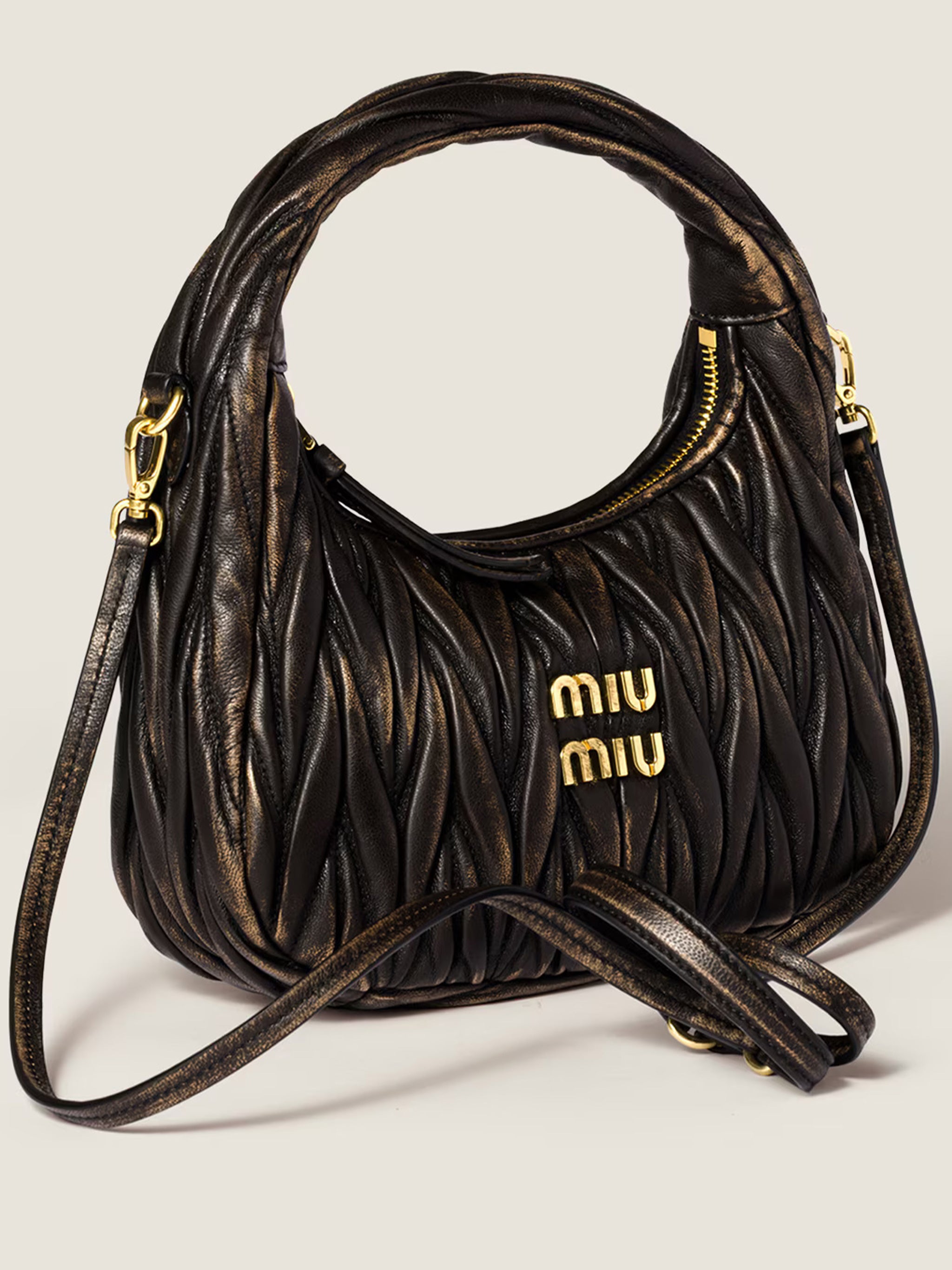 Black Hobo Wander Ruched Leather Handbag