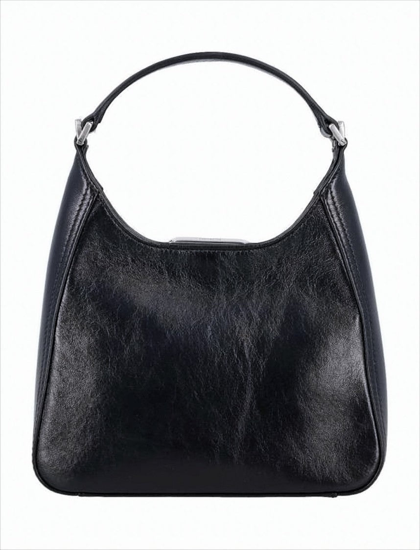 Structured Black Leather Tote Bag with Metallic Double-B Logo