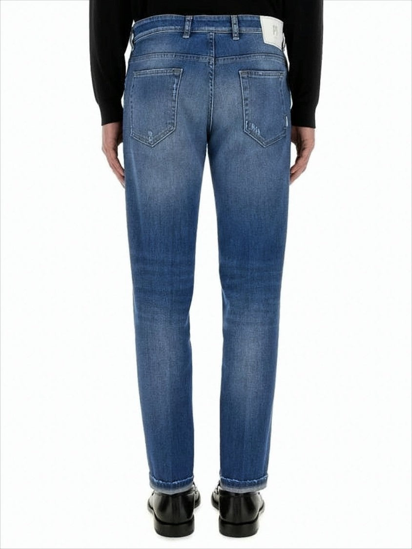Medium Blue Wash Denim Trousers With Tapered Leg And Distressed Details