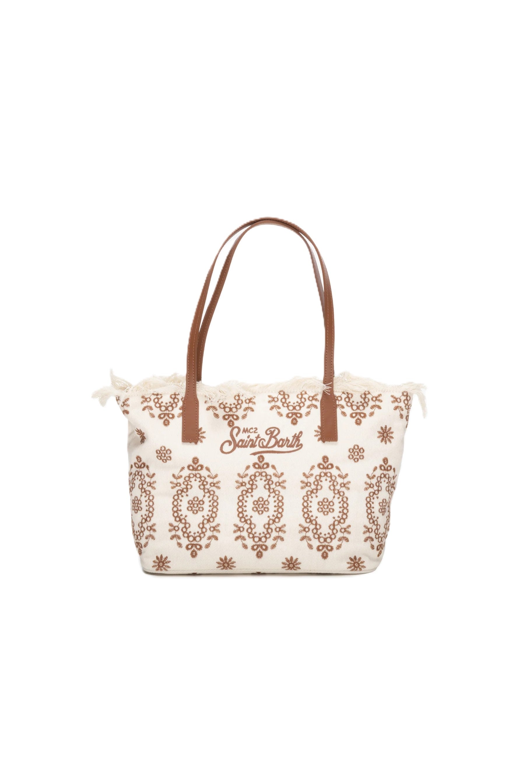 Rectangular Tote Bag with Embroidery and Leather Handles
