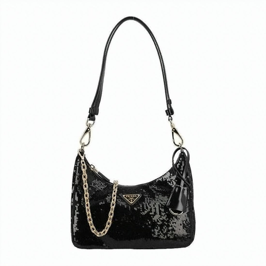 Glossy Black Fabric Shoulder Bag with Leather Accents