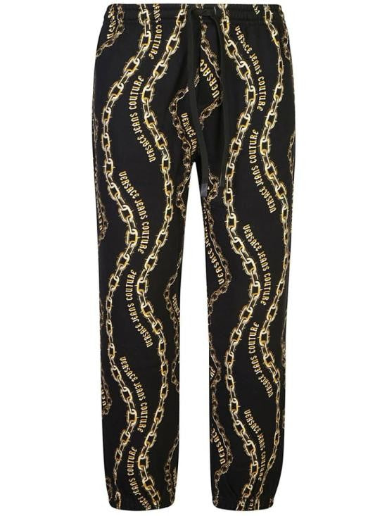 Relaxed Fit Black Pants with Gold Chain Print by Versace