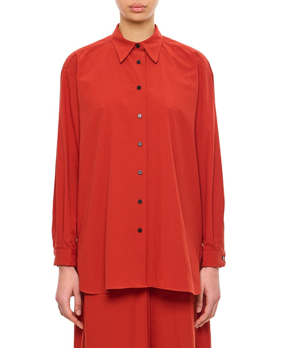 Red Shirt With Pointed Collar And Elegant Draping