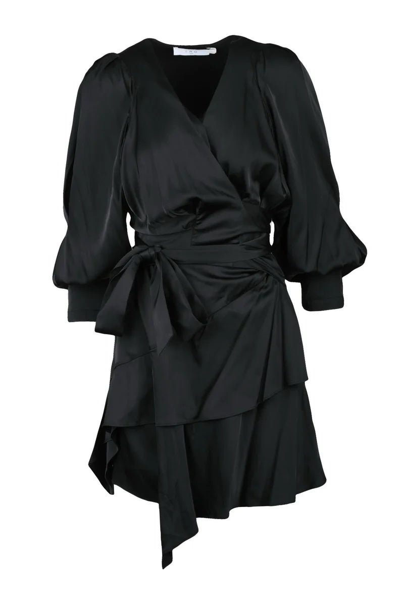 Wrap-Around Black Satin Dress