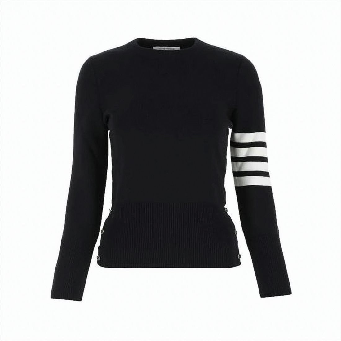 Textured Knit Sweater with Striped Detailing and Decorative Buttons