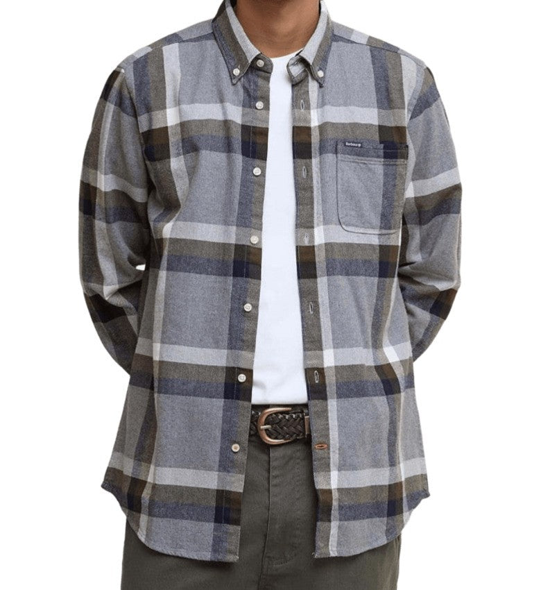 Button-Down Plaid Shirt in Light Grey