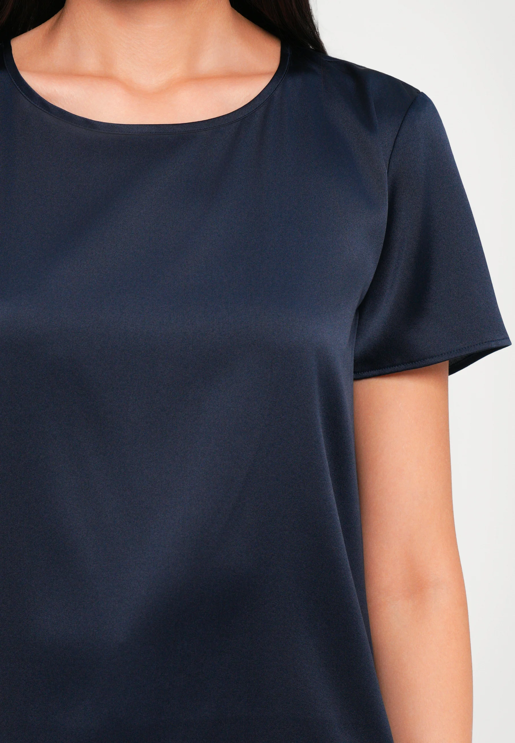 Smooth Satin Short-Sleeved Top with Classic Round Neckline