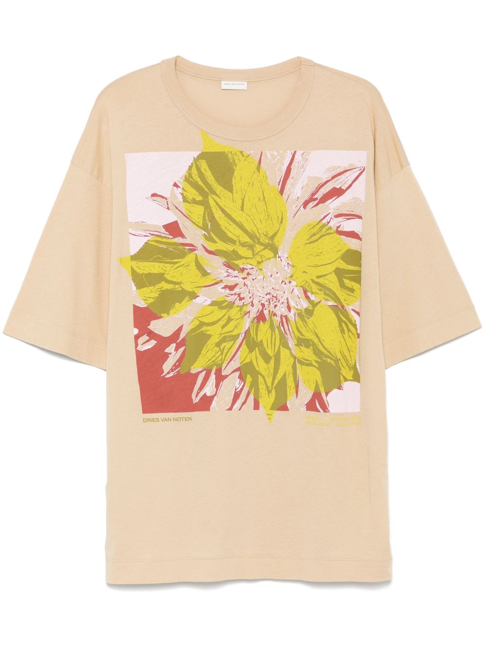 Beżowy T-Shirt z Okrągłym Dekoltem o Luźnym Kroju