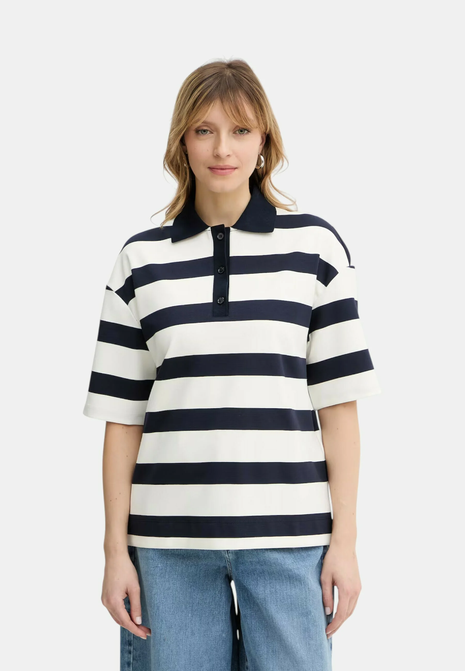 Navy Striped Viscose Polo Shirt