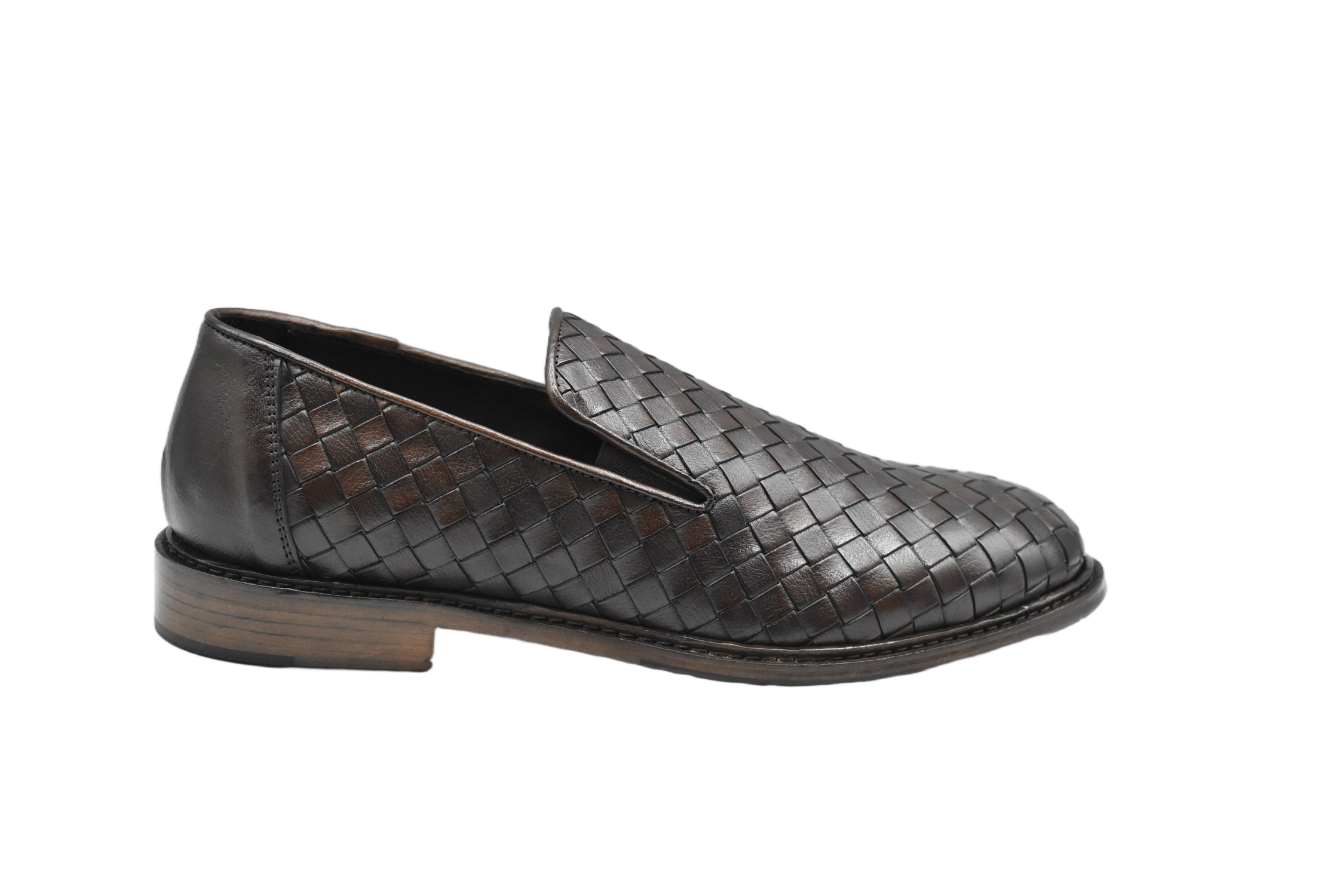 Woven Leather Brown Laced Shoes With Low Stacked Heel