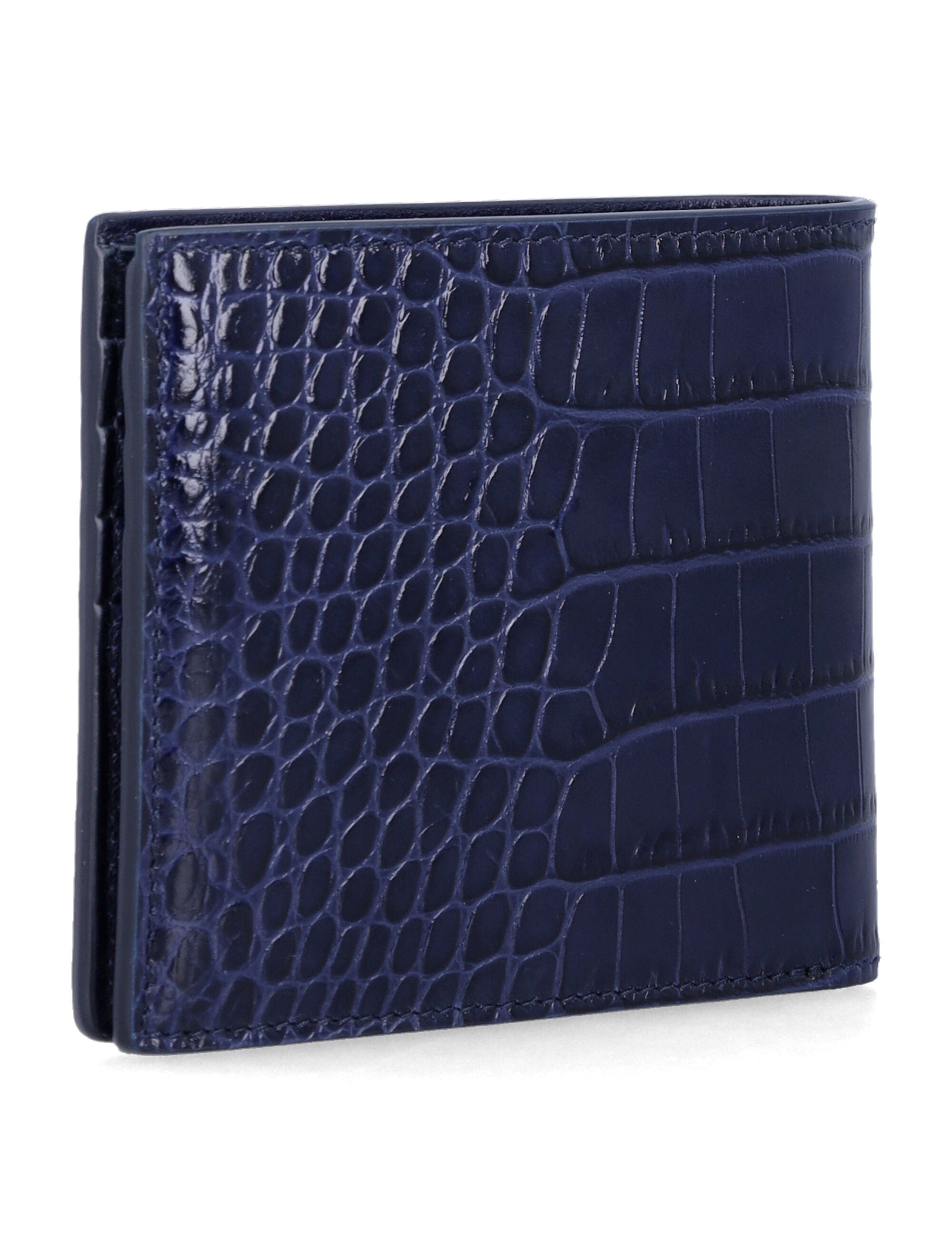 Blue Croc-Effect Leather Bi-Fold Wallet