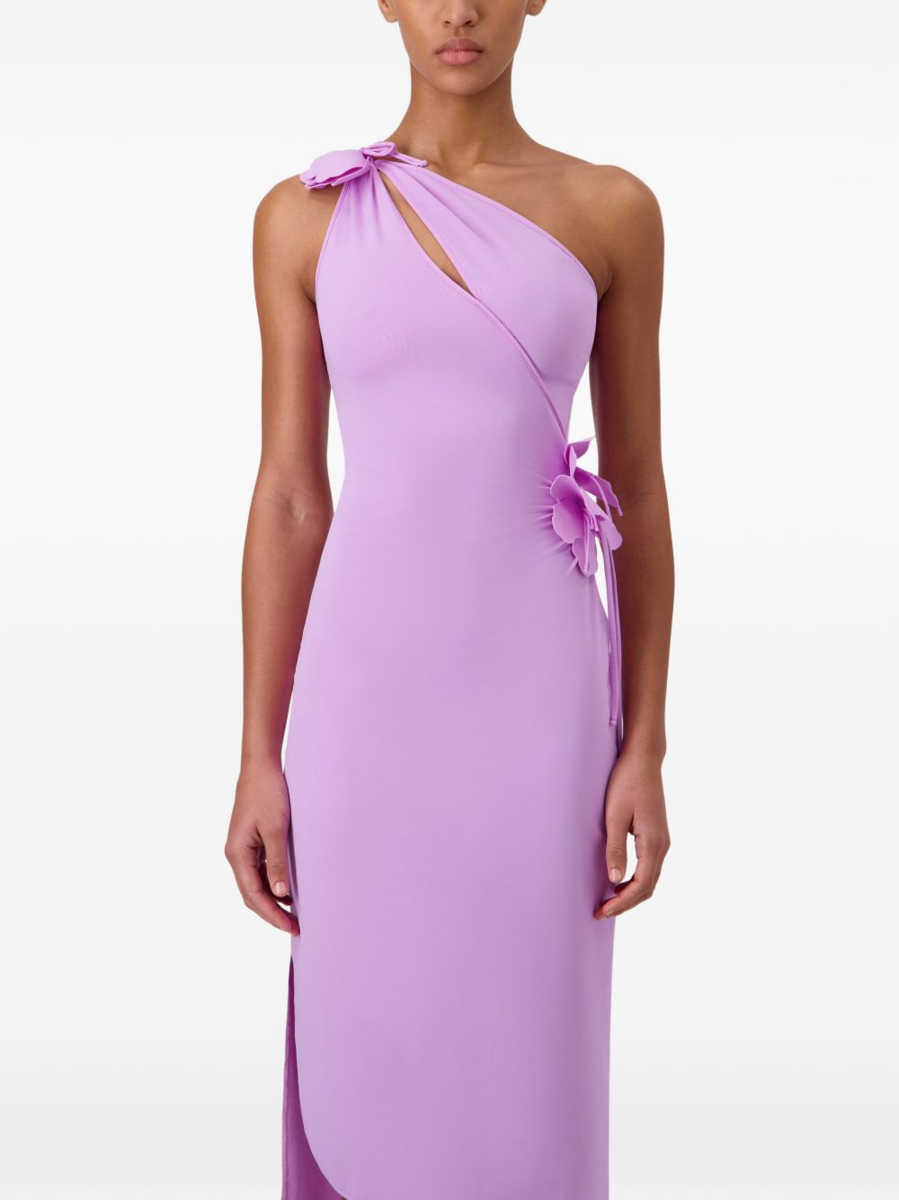 One-Shoulder Midi Dress With Floral Embellishments