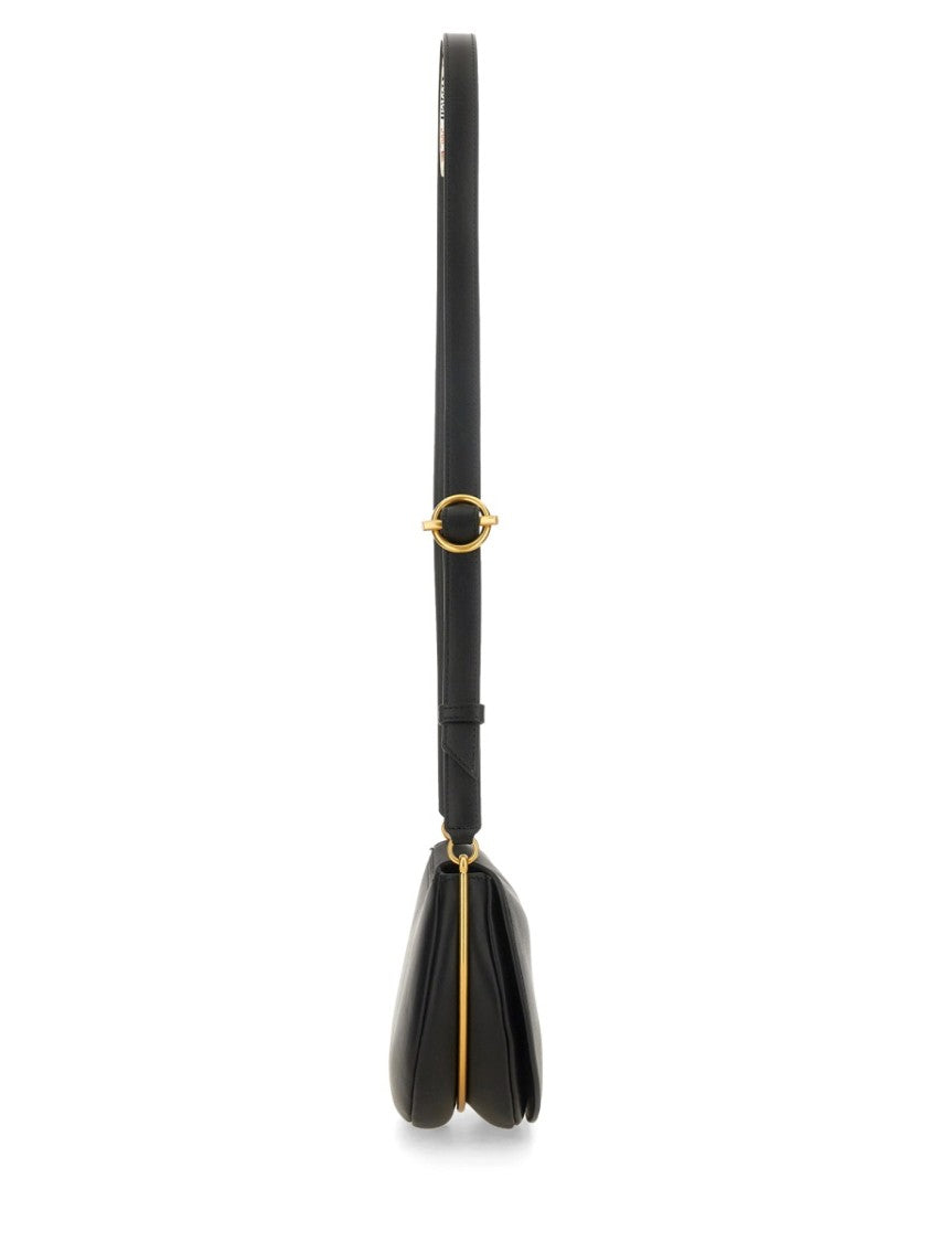 Curved Silhouette Black Leather Tote With Adjustable Strap