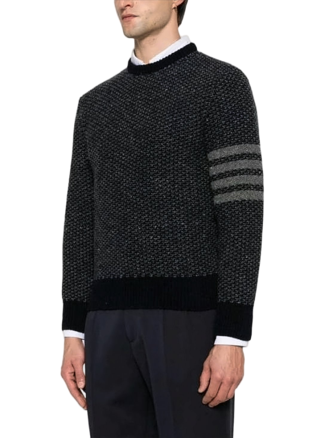 Textured Knit Sweater with Striped Sleeve Detail