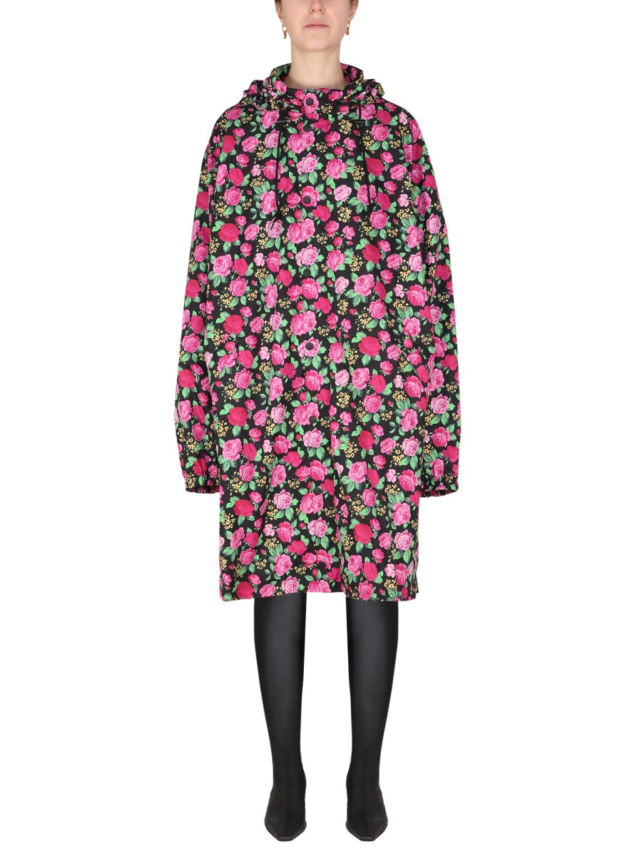 Floral-Pattern Hooded Coat with Drawstring Closure