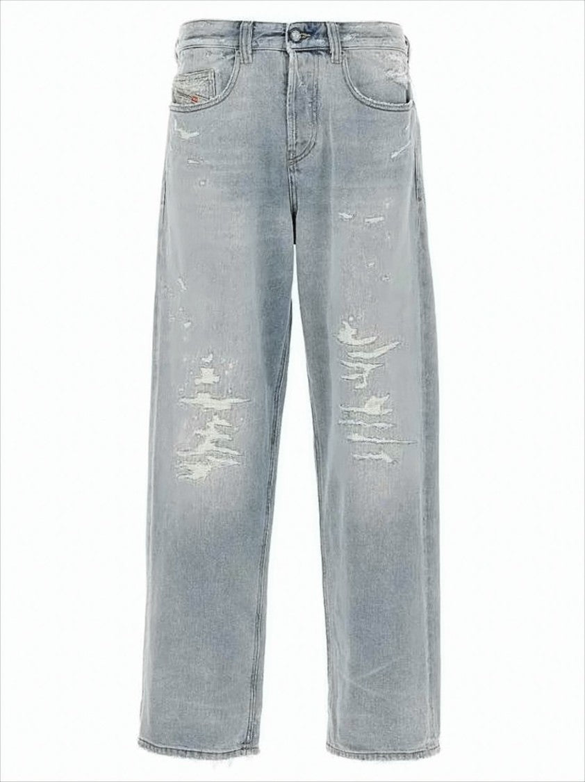 Light-Wash Denim Pants with Distressed Details