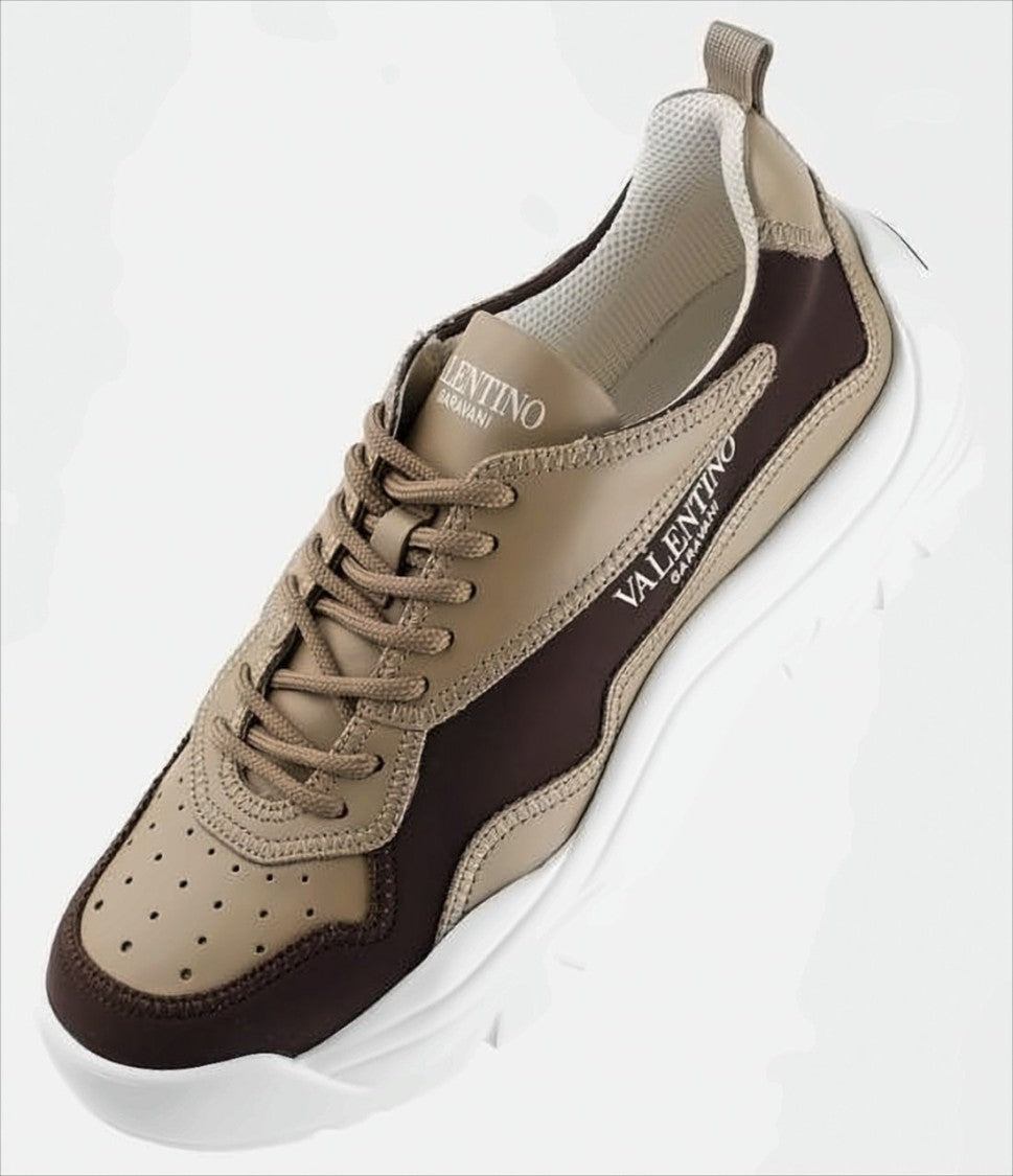 Contemporary Brown Leather and Fabric Sneakers