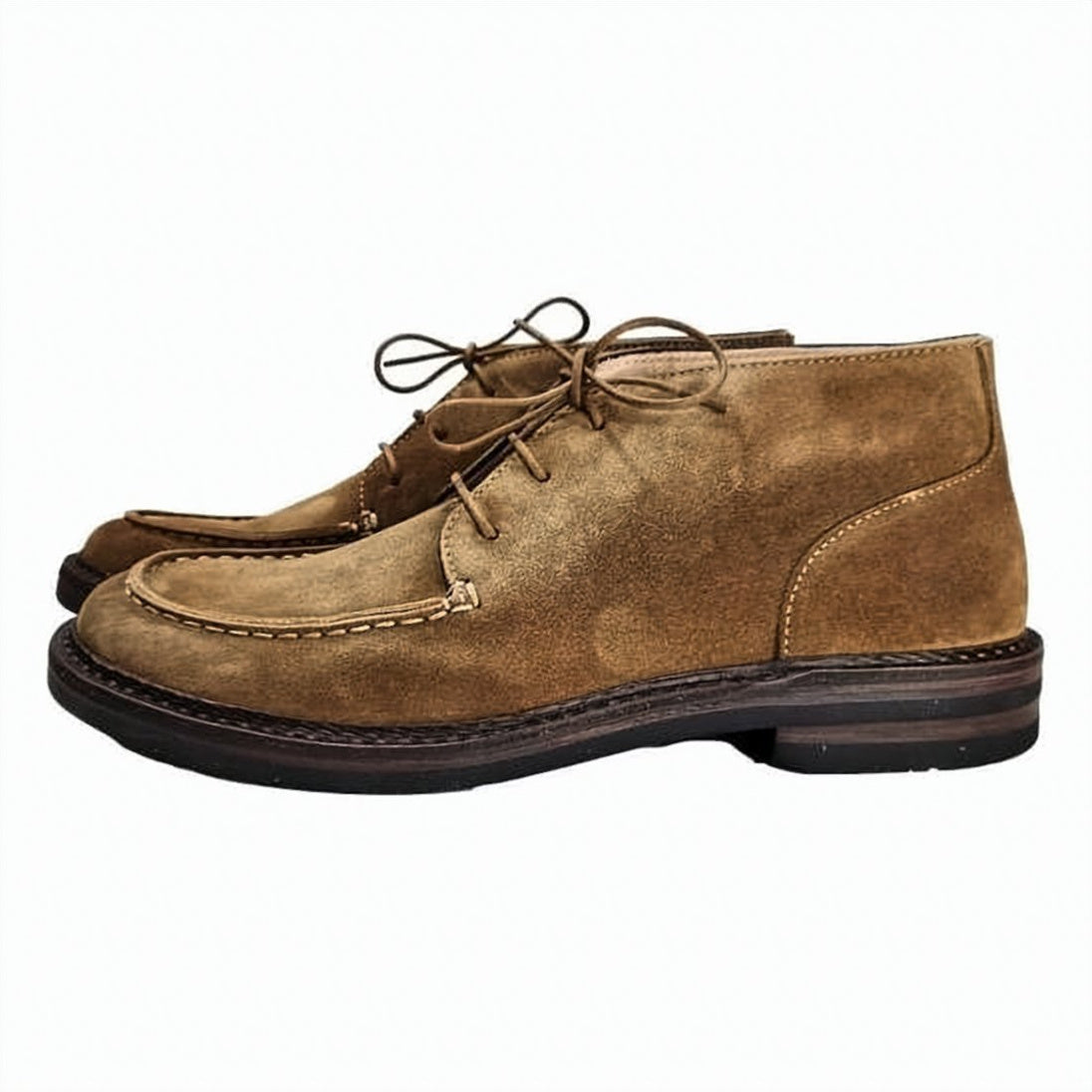 Moccasin-Toe Suede Boots with Rubber Sole and Lace-Up Closure