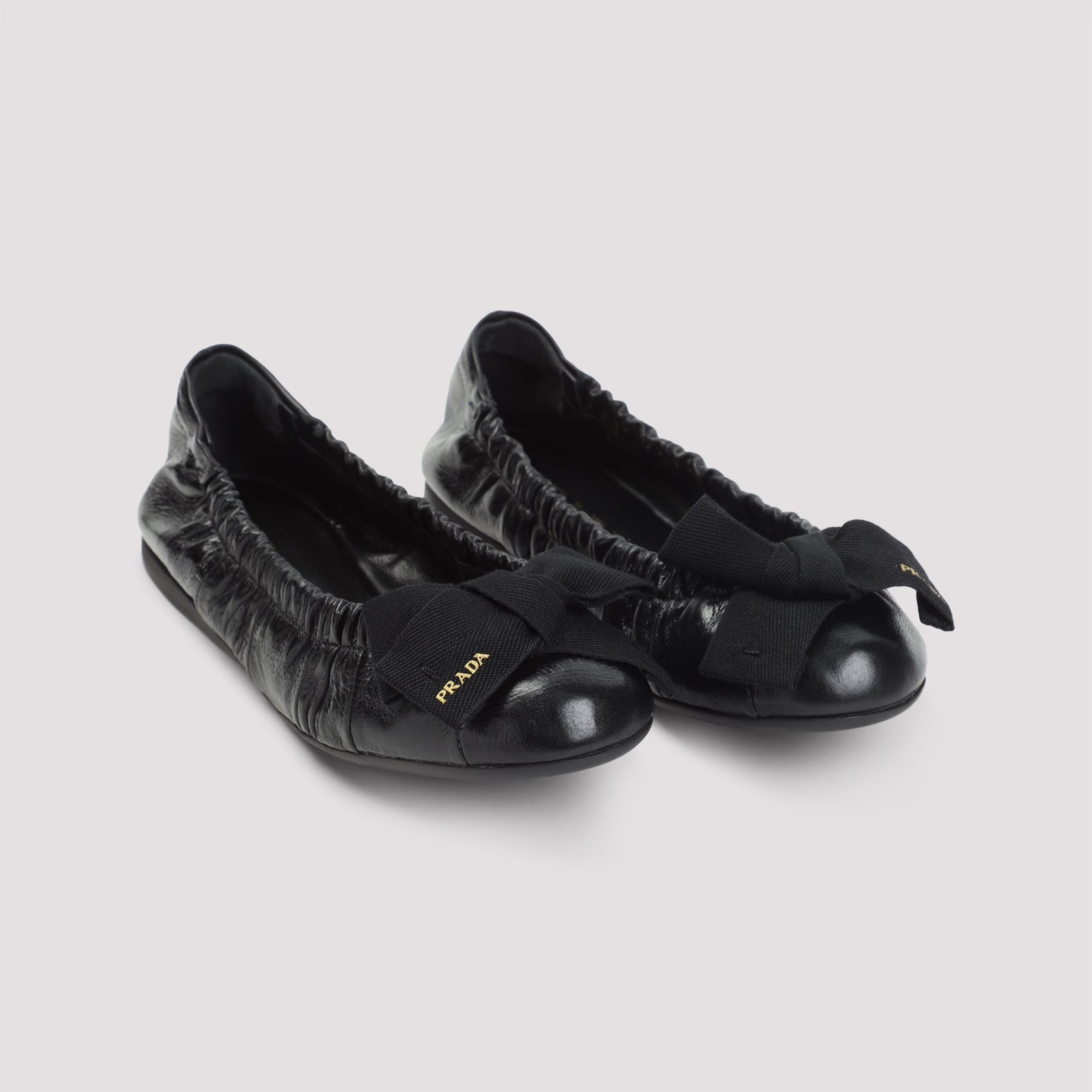 Gathered Black Calf Leather Ballerina Flats