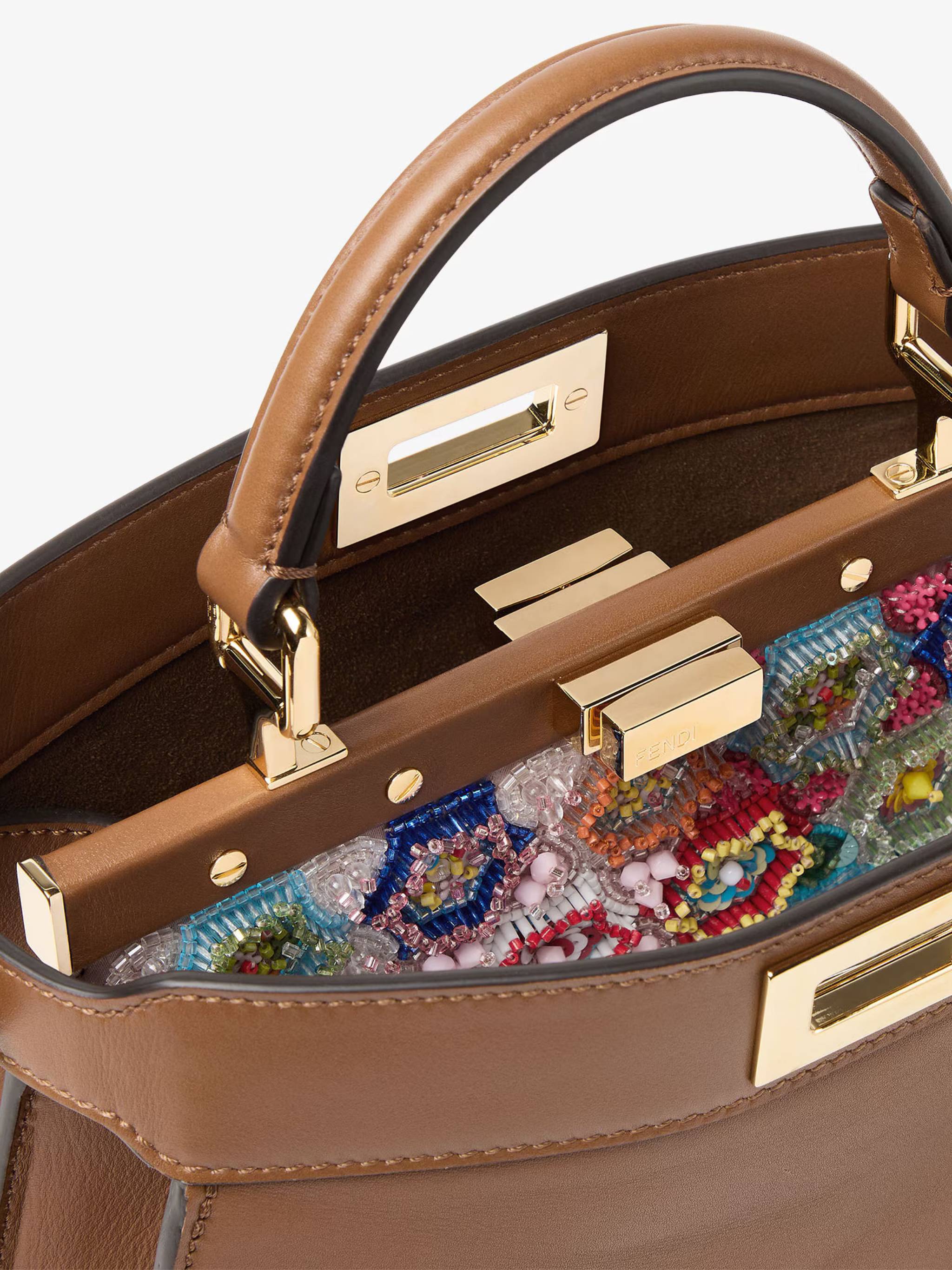 Structured Calf Leather Handbag with Beaded Flap and Gold-tone Hardware