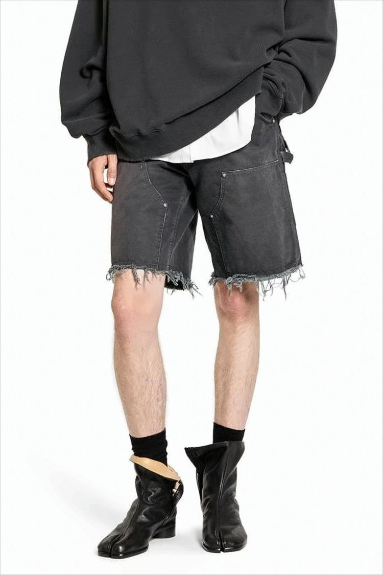 Mid-Thigh Relaxed Fit Shorts With Distressed Hem And Utility Pockets