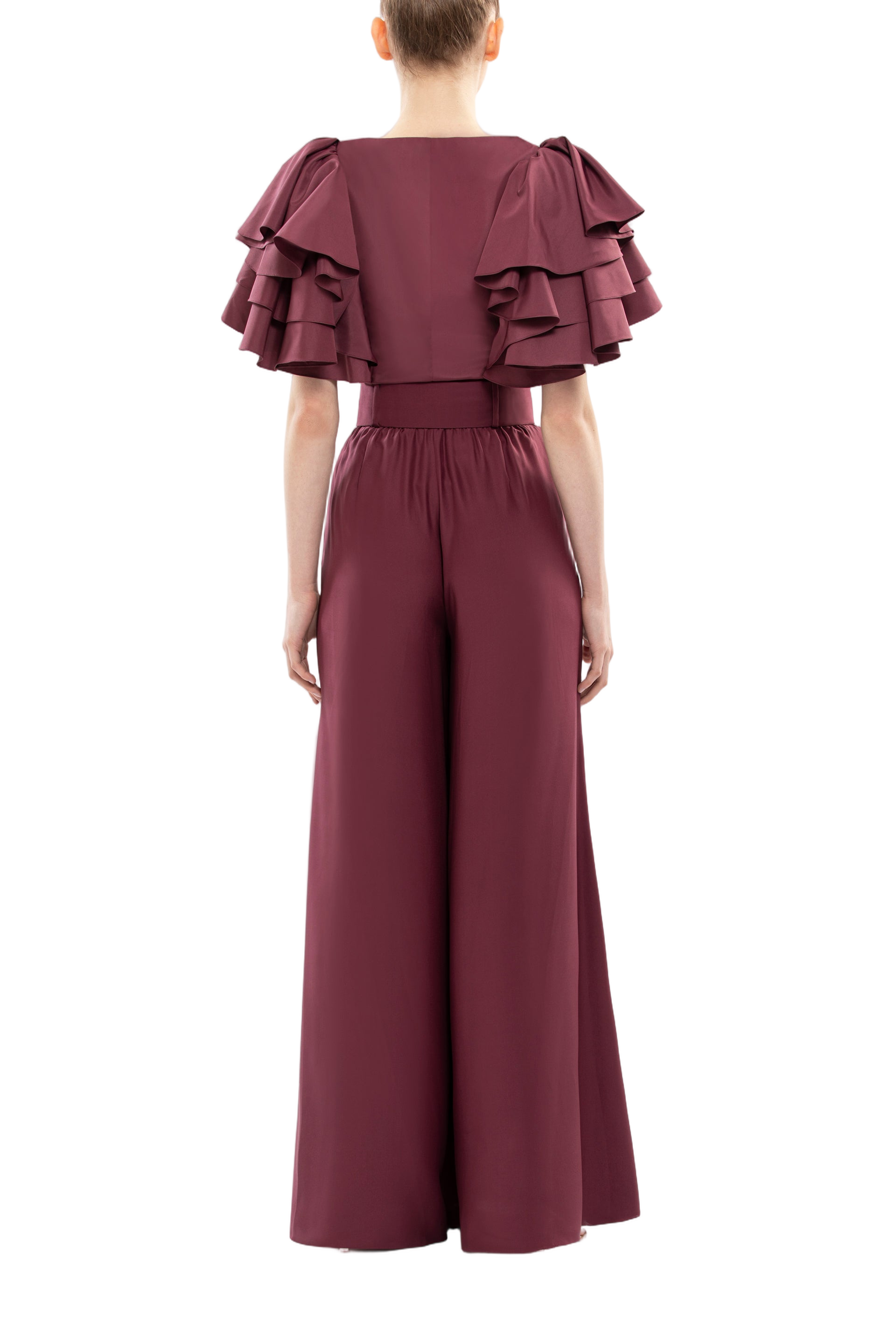 Ruffled Taffeta Top with Satin Wide-Legged Pants