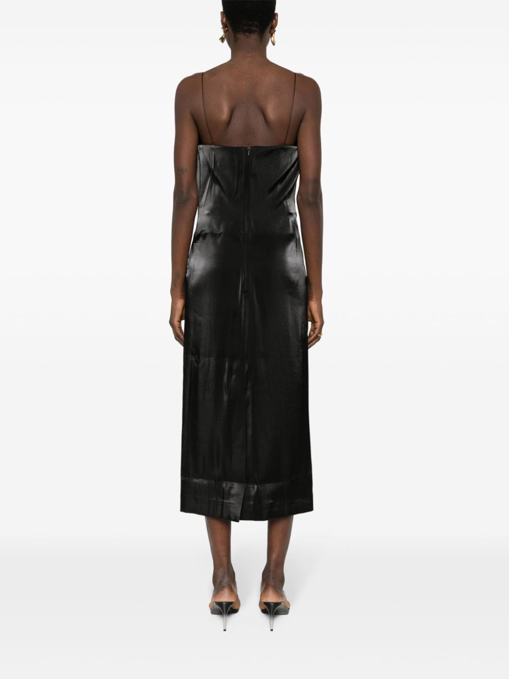 Calf-Length Black Satin Finish Spaghetti Strap Dress