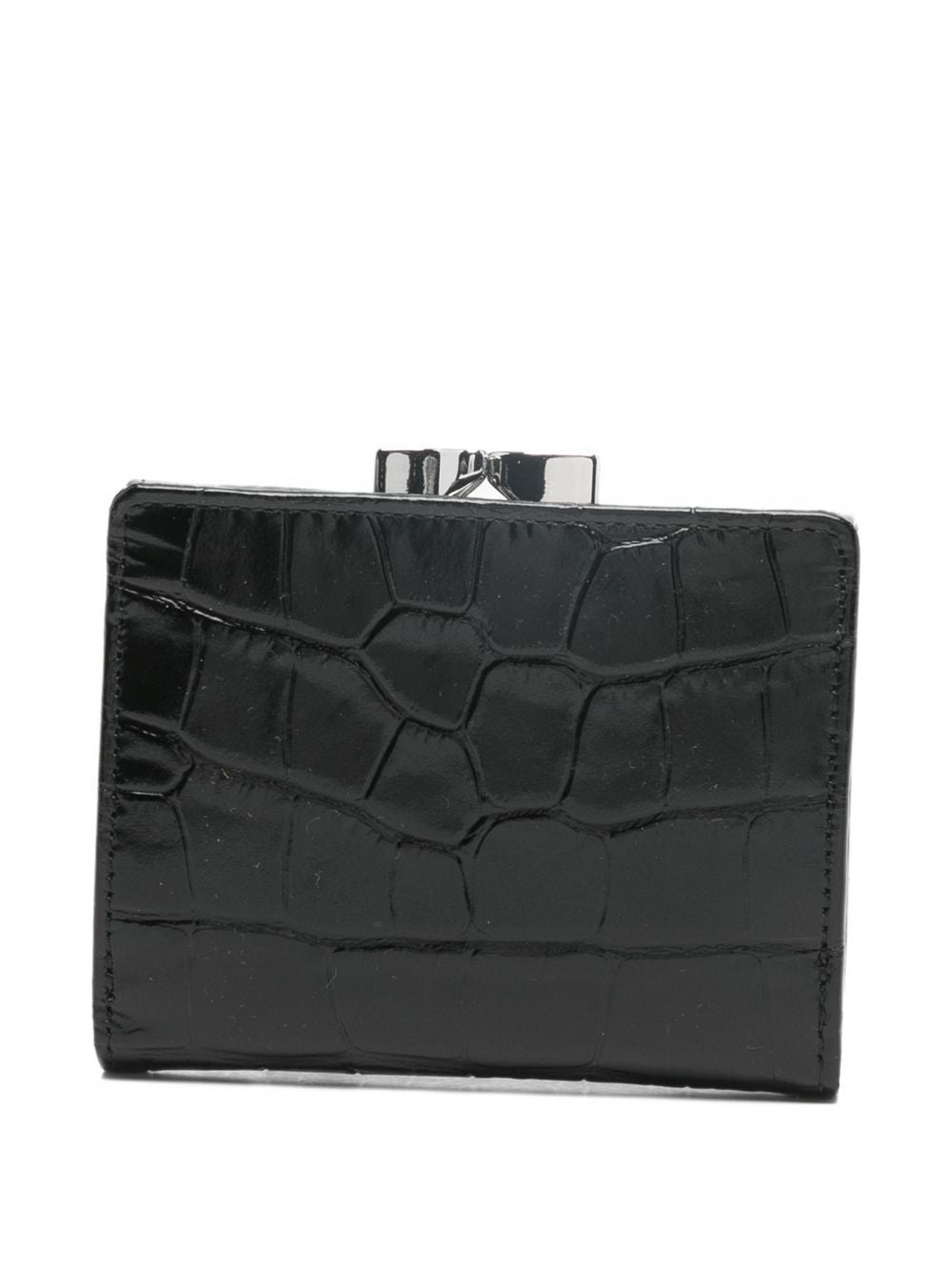 Crocodile-Embossed Black Wallet With Silver Emblem