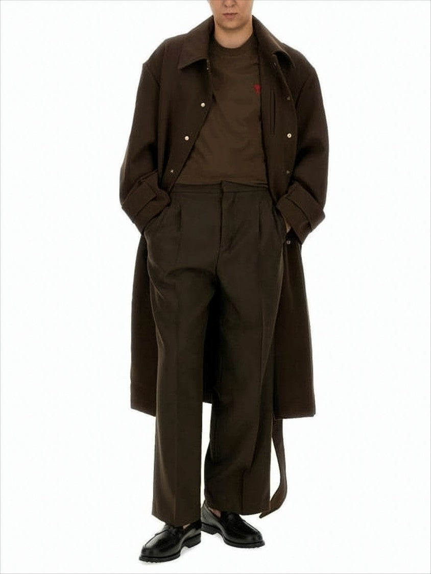 Structured Long Coat With Classic Collar And Belted Waist