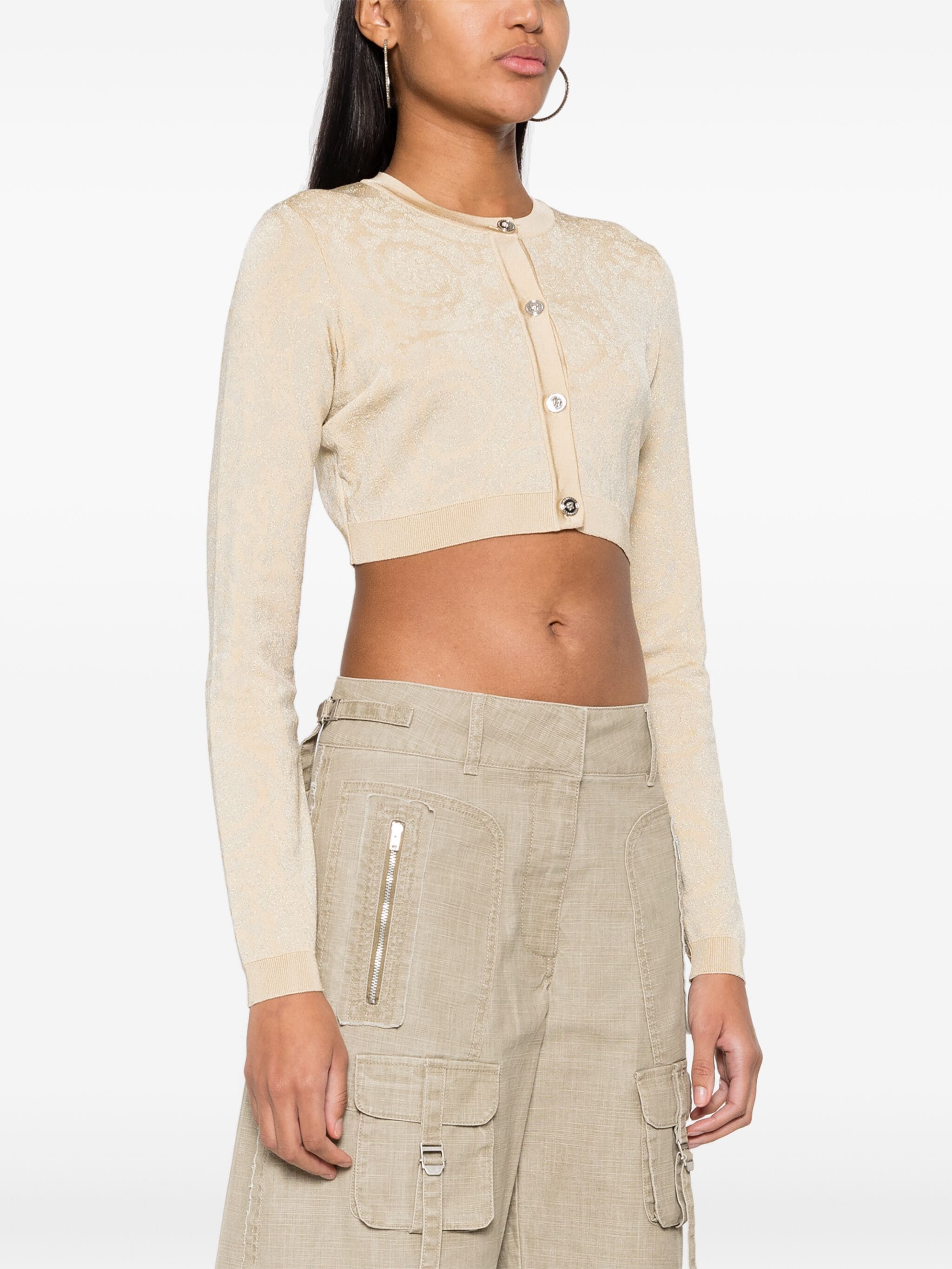 Beige Cropped Baroque Lurex Knit Cardigan