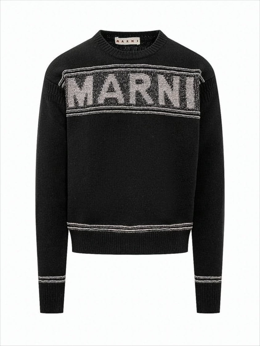 Crew Neck Sweater with Bold Logo and Contrasting Stripes