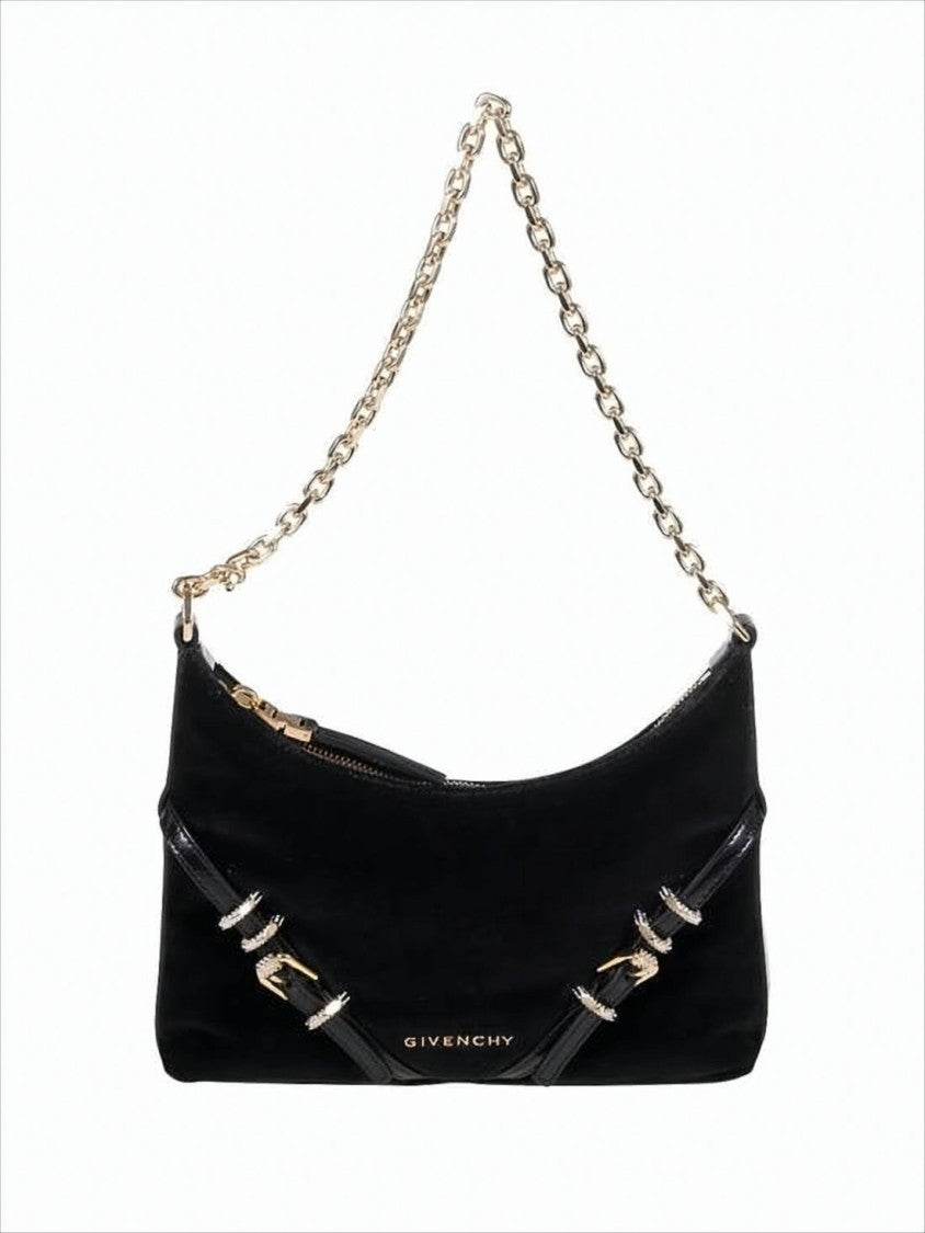 Cotton Canvas Shoulder Bag with Gold-tone Chain and Elegant Accents