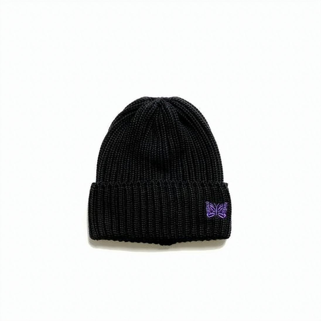 Ribbed Black Wool Beanie with Embroidered Butterfly