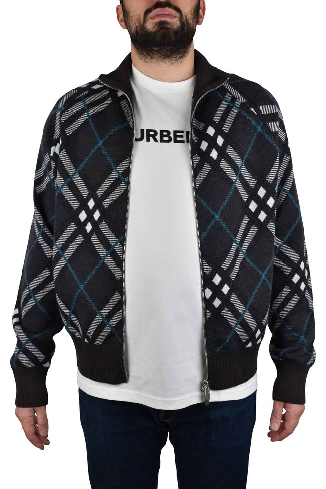Check Pattern Wool Cardigan With High Collar