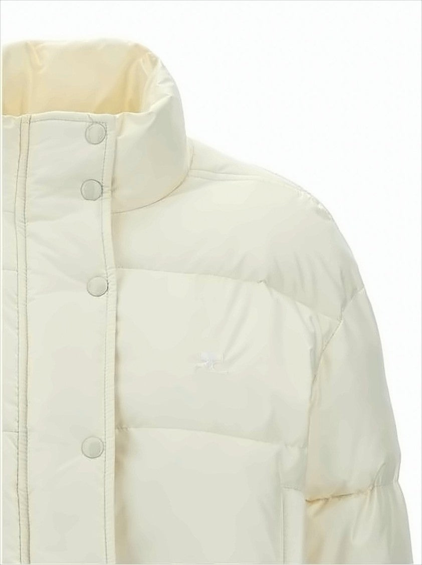 Cropped Puffer Jacket With High Stand Collar And Snap Button Closure