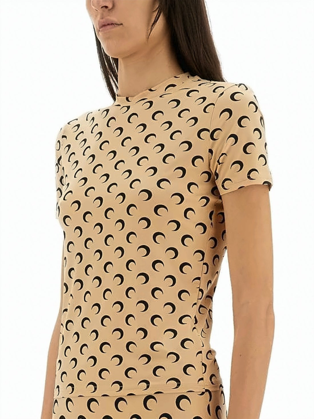 Fitted Short-Sleeve Top with Crescent Moon Pattern