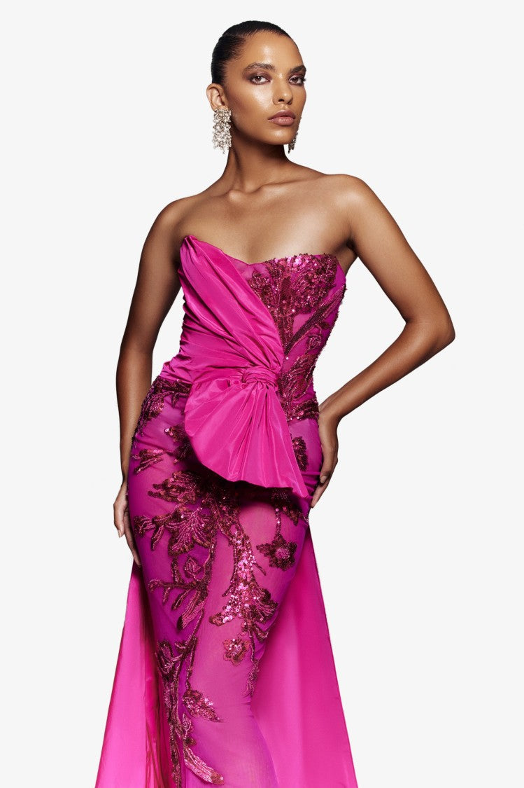 Tulle Strapless, Beaded Dress With A Taffeta Draping And Tail