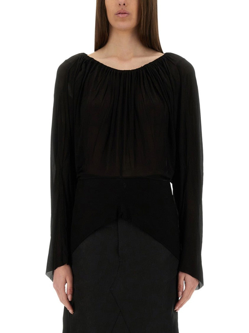 Flowing Black Draped Top With Wide Neckline